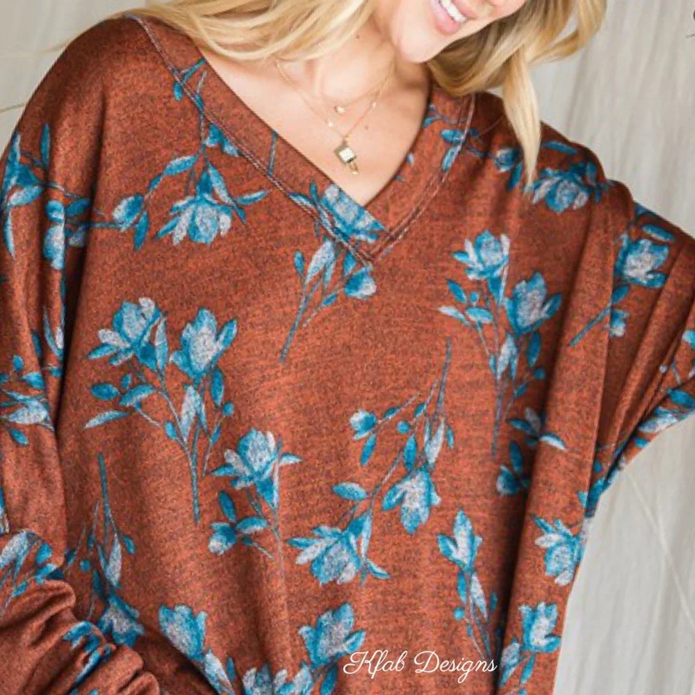LAST 1! V Neck OVERSIZED Rust/Blue Floral Print Relaxed Fit Side Slit Detail Top - Picture 7 of 7